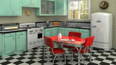 These kitchens prove you can embrace retro without looking tacky 1950 Kitchen, 50s Kitchen, Model Dapur, 1950s Decor, 1950s Kitchen, Retro Interior Design, Kabinet Dapur, Deco Retro, Green Cabinets