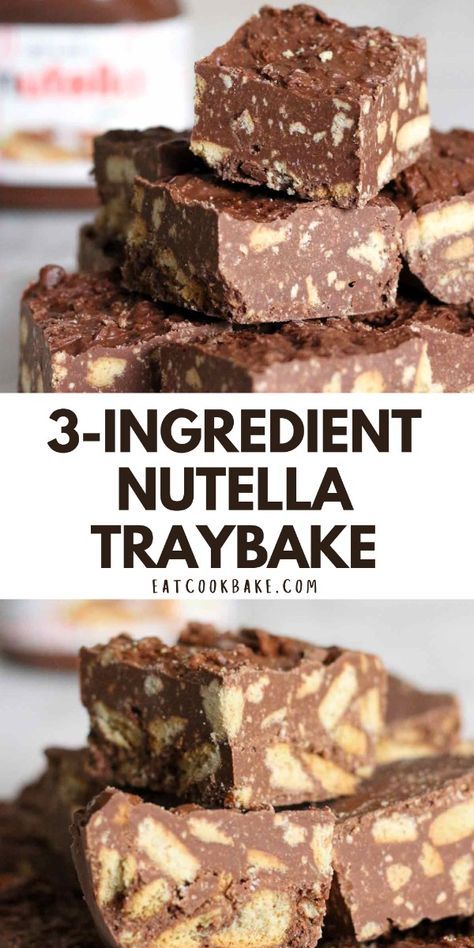 This Nutella traybake with 3 ingredients is super easy to make! It's a no-bake traybake packed full of Nutella flavour and crunchy biscuit texture! Nutella Desserts No Bake, Easy Bake Recipes Kids, Chocolate Traybake Recipes, Sweet Tray Bakes, No Bake Nutella Recipes, Easy Truffles No Bake 3 Ingredients, Sweet Tray Bake Recipes, Kid Baking Ideas Easy, No Bake Traybake Recipes