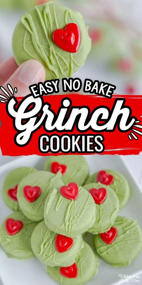 No Back Cookies, Easy To Make Christmas Cookies, Grinch Christmas Treats, Grinch Cookie, Grinch Ideas, Christmas Party Snacks, Christmas Cookies Kids, Easy No Bake Cookies, Grinch Cookies