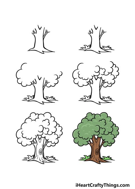 Cartoon Trees Drawing, Cute Trees Drawing, Easy Family Tree Drawing, Easy Drawings Tree, Simple Trees Drawing, Drawing Trees Simple, How To Draw A Tree Easy, Cartoon Tree Drawing, Tree Art Tutorial