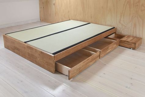 Oak Platform Storage bed frame with Tatami Mats and Drawers Open Wooden Double Bed Frame, Japanese Bed Frame, Oak King Size Bed, Wooden Double Bed, Japanese Bed, Double Bed With Storage, Tatami Bed, Storage Bed Frame, Farmhouse Bed