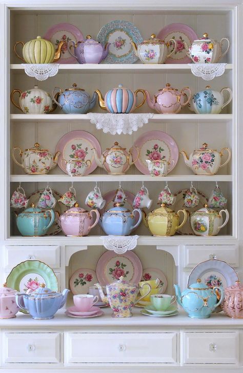 DP24893-10 from the Tea For Two collecion by Northcott Studio for Northcott. Tea Set Display, Tea Room Decor, Tea Cup Display, Teapot Collection, Puzzle Collection, Pretty Mugs, Photos Vintage, Shabby Cottage, 1000 Piece Jigsaw Puzzles