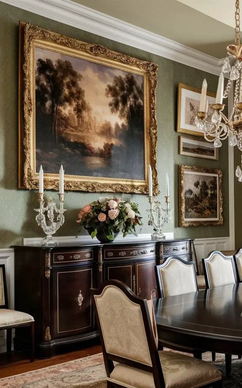 23 Traditional Dining Room Ideas to Elevate Your Home's Style Dining Room Artwork Traditional, Formal Dining Room Artwork, Traditional Dining Room Wall Decor, Dining Room Side Table Decor Ideas, Old Style Dining Room, Traditional Southern Dining Room, Ralph Lauren Dining Room Inspiration, Old Money Dining Room Aesthetic, Moody Dining Room Decor