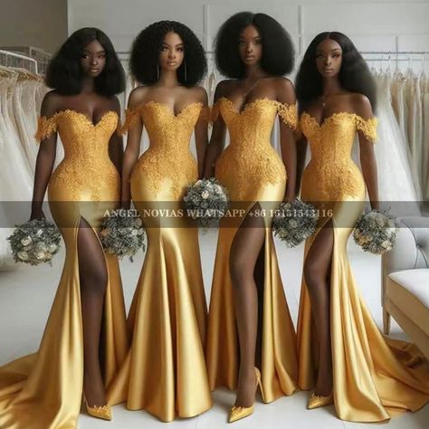 #bridesmaid #wedding party #africa #bride #bridesmaid dress Gold Dress For Bridesmaids, Gold Maid Of Honor Dress Long Sleeve, Golden Evening Dress, Gold Maid Of Honor Dress Gowns, Bronze Bridesmaids Dresses, Champagne Color Bridesmaid Dresses, Traditional Bridesmaid Dresses African, Same Color Different Style Bridesmaid, Maid Of Honor Dress Different