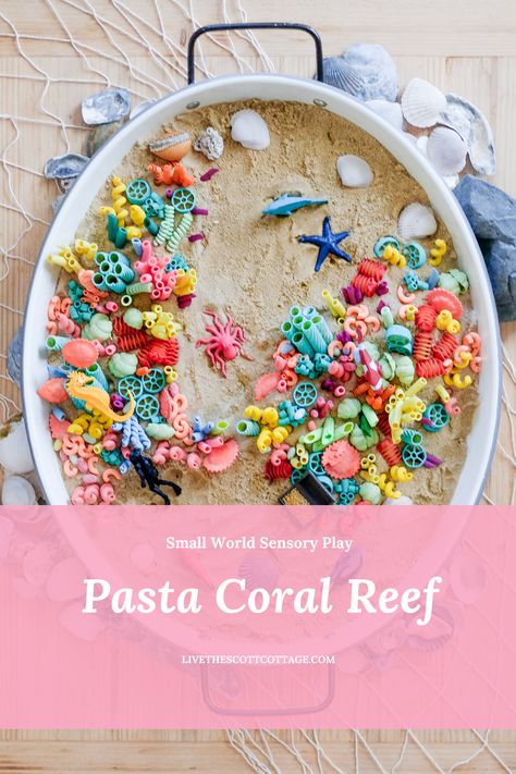 Sensory Coral Reef, Coral Reef Art Preschool, Coral Reef Tuff Tray, Mermaid Messy Play, Pasta Tuff Tray Ideas, Pasta Coral Reef, Coral Reef Sensory Bin, Coral Reef Activities For Kids, Summer Tuff Tray Ideas