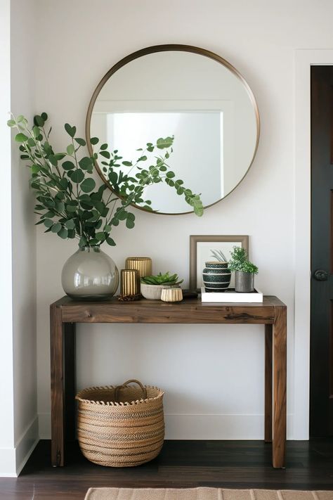 Decorating Tables In Living Room, House Entryway Decor, Small Entry Living Room, Modern Farmhouse Small Entryway, Simple Buffet Decor, Entryway Console Decor Ideas, Entry Nook Decor, Modern Townhome Decor, Small Entry Table With Mirror