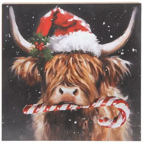 Candy Cane Highland Cow Wood Decor | Hobby Lobby | 206261119 Country Christmas Aesthetic Wallpaper, Iphone Mobile Wallpaper, Highland Cow Painting, Santa Paintings, Highland Cow Art, Highland Cow Canvas, Christmas Paintings On Canvas, Cow Pictures, Cow Decor