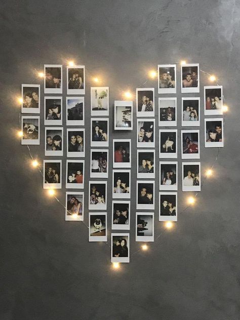 Room Decoration With Photos, Instax Heart Wall, 6x4 Photo Wall Display, Cute Ways To Put Pictures On Your Wall, Heart Polaroid Wall, Polaroid Heart Wall, Polaroid Room Decor, Polaroid Wall Ideas, Photo Wall Collage Bedroom Inspiration