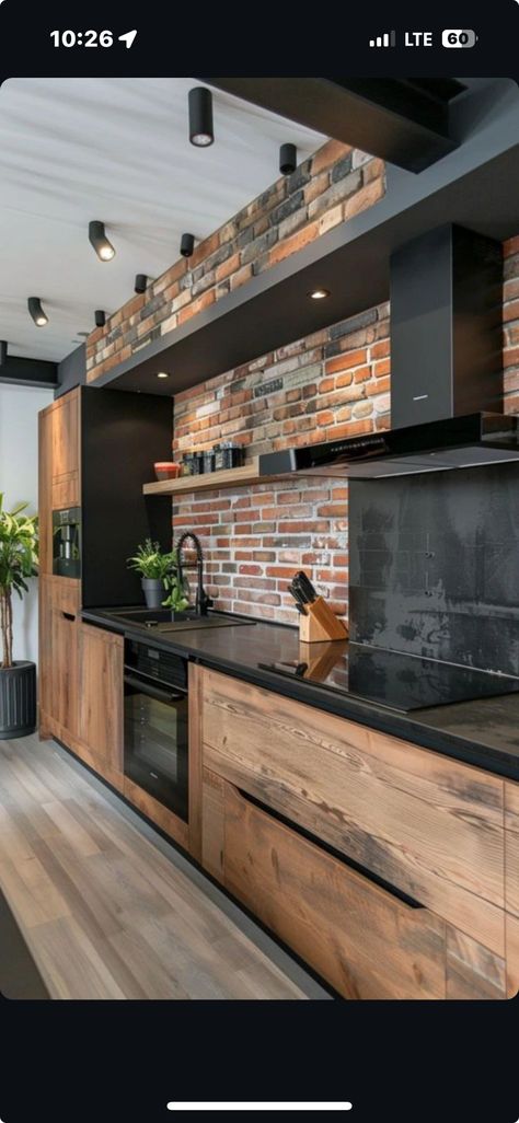 Modern Style Kitchen Design, Wood Effect Kitchen Cabinets, Rustic Wood Home Decor, Rustic Kitchen Interior, Log Cabin Modern Interior, Black And Wood Modern Kitchen, Modern Cabin Interior Kitchen, Rustic Modern Design, Stone And Wood Kitchen