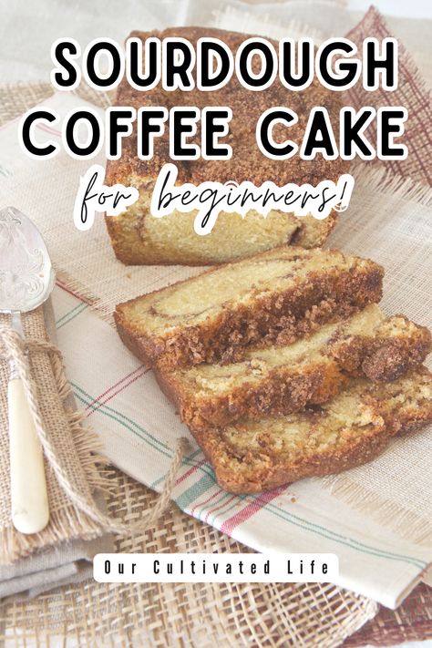 This sourdough coffee cake it perfect for beginners. It uses discard, so you don't have to worry about a perfectly active starter! Easy, simple, foolproof, and delicious! This sourdough coffee cake it sure to be a hit at your next brunch! sourdough / coffee cake / sourdough coffee cake / sourdough discard recipes / sourdough discard ideas / discard brunch recipes / sourdough brunch recipes Desserts Made With Sourdough Discard, Sourdough Coffee Cake Recipes, Sourdough Discard Cinnamon Coffee Cake, Sour Dough Coffee Cake Recipes, Sourdough Discard Coffee Cake Muffins, Fall Sour Dough Recipes, Desserts Using Sourdough Discard, Sourdough Starter Discard Dessert Recipes, Sour Dough Discard Coffee Cake