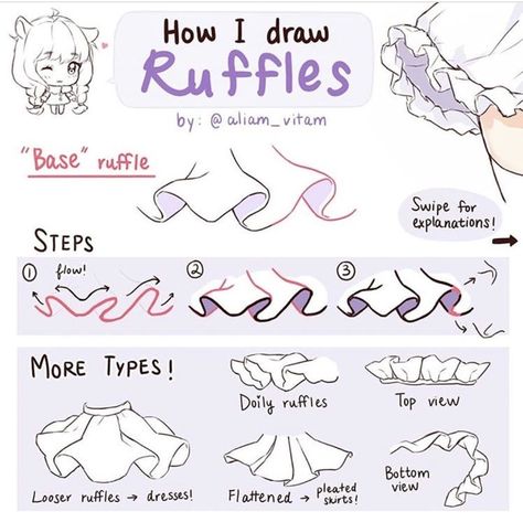 How To Draw Folds In Skirts, How To Draw Skirts Ruffles, Skirt Ruffles Reference Drawing, How To Draw A Ruffled Skirt, Ruffle Art Reference, Skirt Ruffles Drawing Tutorial, Ruffle Dress Drawing Reference, Clothing Ruffles Drawing, Shirt Ruffles Drawing Reference