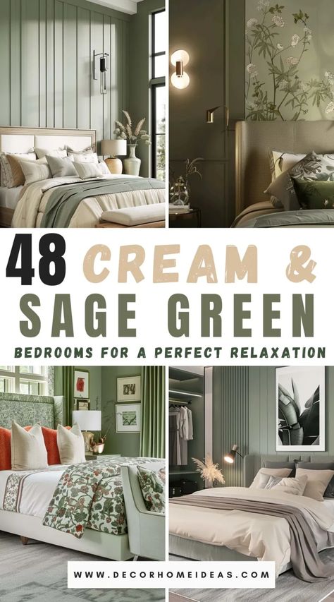 Discover 48 serene sage green and cream bedroom color combinations to transform your space into a haven of relaxation. Find inspiration for your perfect calming retreat and learn how to blend these soothing hues for a tranquil ambiance. Green Bedroom Colors, Sage Green Bedroom Ideas, Light Green Bedrooms, Olive Green Bedrooms, Sage Bedroom, Green Bedroom Walls, Green Bedroom Design, Green Bedroom Ideas, Green Wall Color