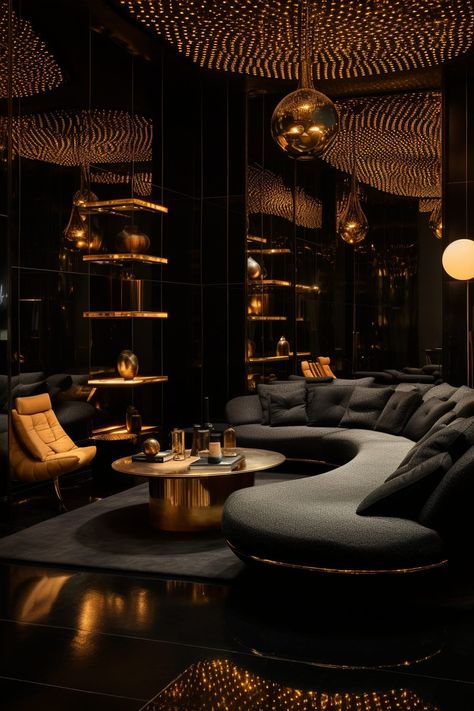 Black And Gold Bar Design, Black And Gold Interior Design, Bar Lounge Interior, Batman House, Black Gold Interior, Luxury Bar Design, Hidden Bath, Wealth Aesthetic, Rang Mahal