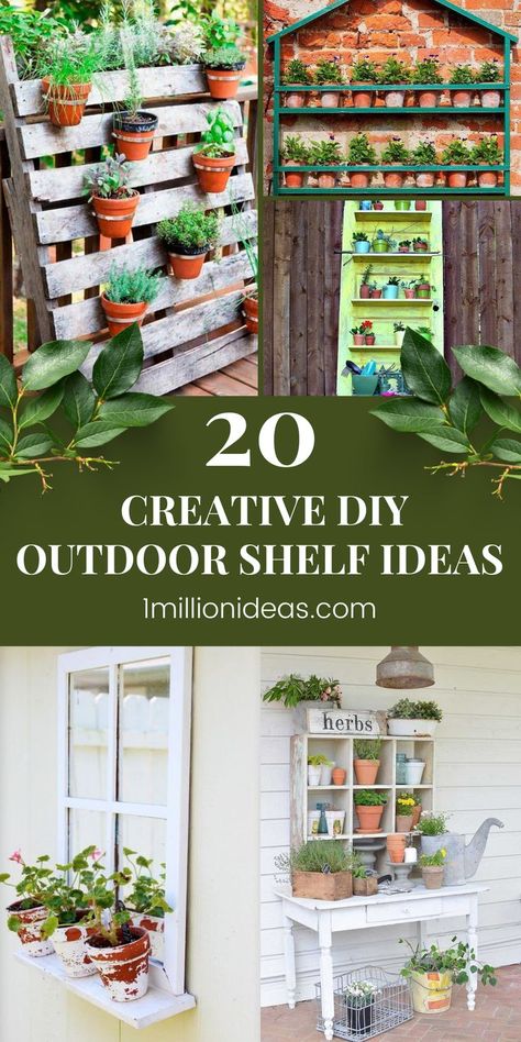 #DIY #Shelf #Garden Planter Shelf Decor Ideas, Outdoor Shelf Ideas, Diy Outdoor Shelf, Garden Enclosure Ideas, Plant Shelves Outdoor, Outdoor Shelf, Fall Landscaping, Spiral Garden, Mailbox Landscaping