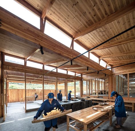 DnA_Design and Architecture builds tofu factory in Chinese mountains Chinese Mountains, Parking Building, Industrial Sheds, Dna Design, Timber Architecture, Timber Buildings, Architecture Design Drawing, Timber Structure, Shed Design