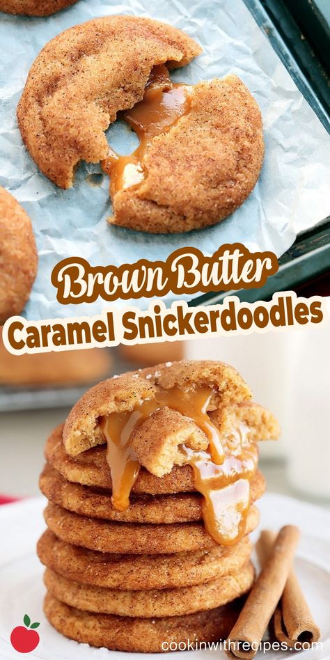 Brown Butter Caramel Snickerdoodles Recipe - Cooking with Recipes Chewy Caramel Cookies, Brown Butter Caramel Snickerdoodles, Salted Caramel Snickerdoodle Cookies, Brown Butter Caramel Cookies, Caramel Snickerdoodle Cookies, Caramel Snickerdoodles, Salted Caramel Cookies Recipe, Soft Caramels Recipe, Brown Butter Caramel