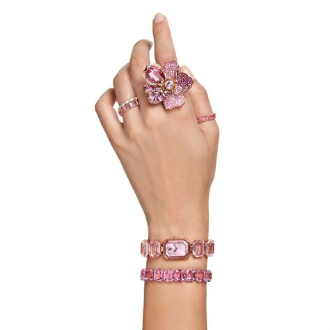 Bracelets And Rings, Bracelet Tennis, Pink Watch, Jewelry Lookbook, Pave Ring, Swarovski Jewelry, Crystal Flower, Girly Jewelry, Metal Bracelets