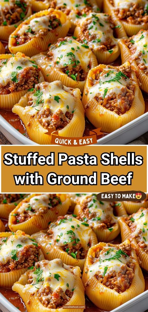 These are super tasty, creamy, and cheesy stuffed pasta shells with ground beef for a weeknight dinner. My family likes pasta dishes very much, so they were very happy to try these Stuffed Pasta Shells with ground beef, ricotta, mozzarella, and parmesan. It tastes so good with crusty bread, hot sauce, and Italian salad. Stuffed Cheesy Shells, Pasta Recipes Stuffed Shells, Giant Stuffed Shells Recipe, Big Shell Noodle Recipes, Beef And Shells Pasta, Large Shell Pasta Recipes Ground Beef, Recipes With Large Shell Pasta, Beef Stuffed Shells Ricotta, Ricotta And Ground Beef Recipes