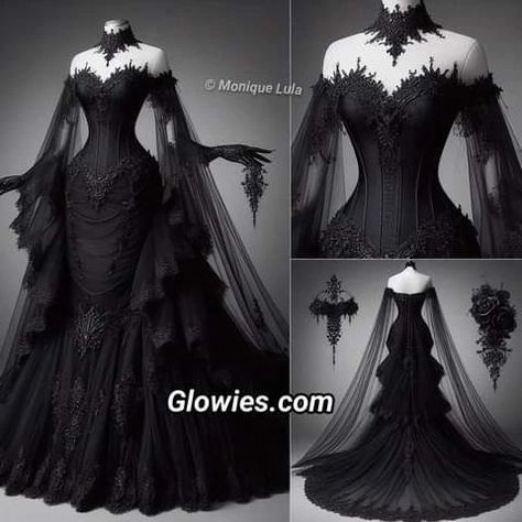 "Discover the beauty of bold elegance in our stunning black wedding dress! 🖤 Embrace individuality and make a statement on your special day with timeless sophistication." Inspired by Gothic Darling. Designer Monique Lula from New Orleans Beautiful Black Gown, Black Dramatic Dress, Wedding Gothic Dress, Gothic Royalty Aesthetic Dress, Black Aesthetic Wedding Dress, Black Off The Shoulder Wedding Dress, Dark Goth Wedding, Black Wedding Dress With Veil, Vampiric Wedding Dress