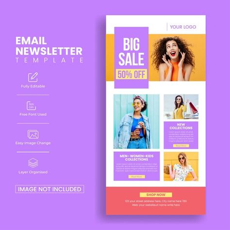 Ecommerce email newsletter template for ... | Premium Vector #Freepik #vector #mail #email #ui-design #site-template Buy More Save More Email Design, Mailchimp Email Design Inspiration, Tech Email Design, Promotional Email Design, Fun Email Design, Mailing Design Inspiration, Email Design Inspiration Creative, Email Campaign Design, Sale Email Marketing