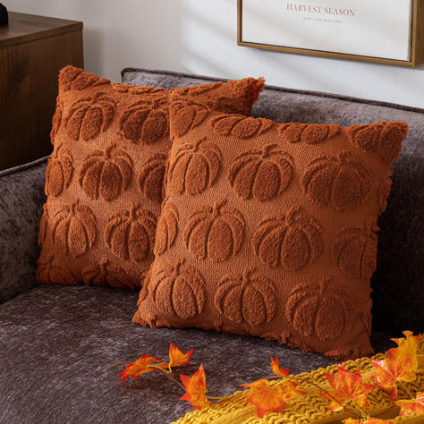 Pumpkin Fall Decorative Throw Pillow Covers 18"x18", Set of 2 Rust Red Soft Faux Fur Pillow Covers for Autumn Harvest, Fluffy Plush Accent Pillow Cases for Farmhouse Couch Cushion Covers Pumpkin Fall, Throw Pillow Covers, Faux Fur, Throw Pillow, Pillow Cases, Pillow Covers, Couch, Pillows