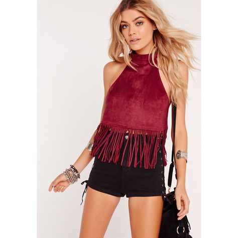 Missguided Suedette Tassel Crop ($34) ❤ liked on Polyvore featuring burgundy Fringe Tank Top, Suede Tops, Fringe Top, Cami Crop Top, Suede Fringe, Suede Material, Bohemian Chic, Women's Tops, Faux Suede