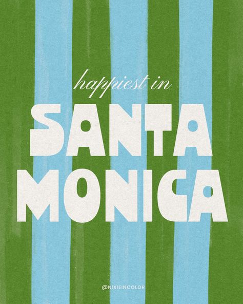 blue and green retro striped graphic that celebrates life in Santa Monica, California. this vintage beachy design was created by Nicole Goldfarb @nixieincolor on Instagram. La Graphic Design, Stripe Graphic Design, 70s Inspired Design, Location Graphic Design, Preppy Graphic Design, Mediterranean Design Graphic, Southern Graphic Design, Art Shop Logo, Street Style Graphic Design