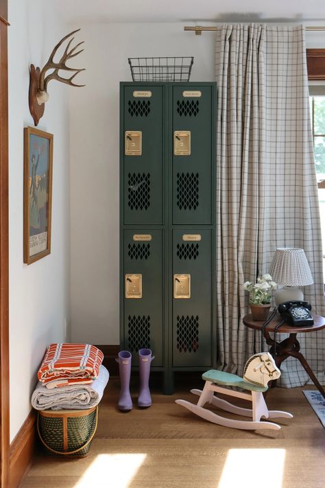 Step Inside This Vintage-Inspired Abode Full of Color, Life, and Warmt – Schoolhouse Kids Hangout Room, Vintage Playroom, Vintage Boys Room, Vintage Lockers, Hangout Room, Schoolhouse Electric, Oak Trim, Playroom Organization, Cabin Interiors