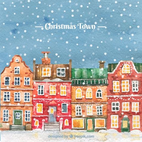 Christmas Village Card, Town Drawing, Watercolour Christmas, Christmas Teaching, Screen Printing Art, Watercolor City, Cozy Christmas Decor, Easy Christmas Gifts, City Drawing