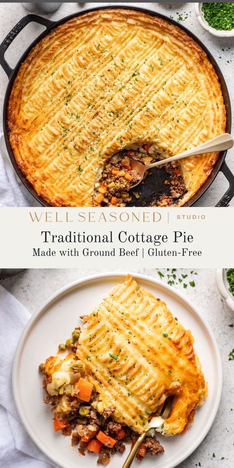 Homemade Cottage Pie is the ultimate British comfort food! Ground meat and vegetables are coated in a rich, savory gravy, then topped with creamy, cheesy mashed potatoes. Bake until golden brown, then dig into this hearty meal, perfect for a cozy night in. Gluten-free. #wellseasonedstudio #cottagepie #britishpie #groundbeefpie Jamie Oliver Cottage Pie, Cottage Pie Recipe Beef Jamie Oliver, Cottage Pie Recipe Beef, Gluten Free Meat, Cottage Pie Recipe, Savory Tarts, Beef Pies, British Dishes, Meat And Vegetables