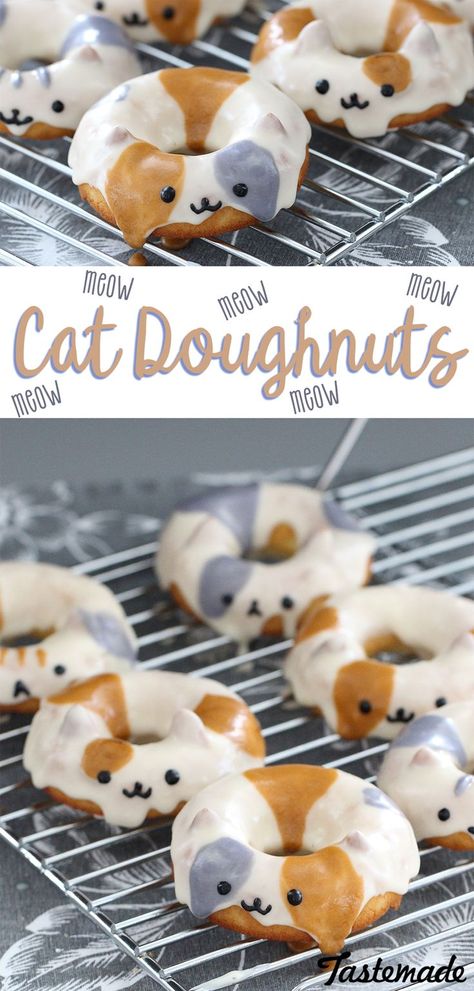 We're paw-sitive you'll want these adorable cat doughnuts right meow. Cat Dessert Ideas, Cat Cafe Food, Cat Pastries, Cat Desserts, Cat Bakery, Cat Baking, Cat Cakes, Pet Cafe, Doughnuts Recipe