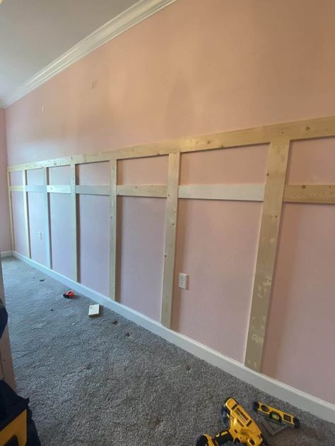 Floral Board & Batten Accent Wall - Build It Thrifty Trim Work On Walls Bedroom, Waynes Coating Ideas Nursery, Kids Room Board And Batten, Pink Wood Accent Wall, Board And Batten Wall Girls Room, Kids Accent Wall Ideas, Girl Nursery Accent Wall Ideas, Girls Accent Wall Bedroom, Easy Diy Accent Wall Ideas