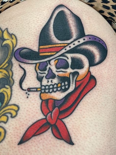 American Traditional Skull Cowboy, American Traditional Tattoos For Son, Traditional Style Skull Tattoo, American Trad Forearm Tattoo, Traditional Tattoo Art Skull, Cherry Skull Tattoo Traditional, American Trad Cowboy Tattoo, American Traditional Bull Skull Tattoo, Old School Tattoo Cowboy