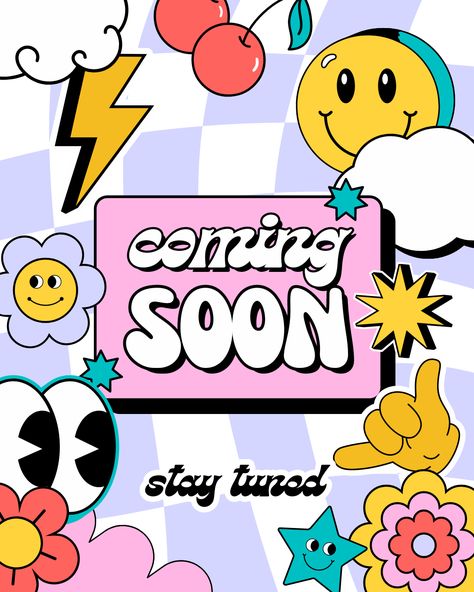 Colorful Playful Illustrative Retro Groovy Coming Soon Instagram Post Canva Template Retro Instagram Template, Coming Soon Instagram Post Ideas, Coming Soon Instagram Post Design, Coming Soon Poster Design, Coming Soon Post Ideas, Coming Soon Design Instagram Feeds, Coming Soon Illustration, Coming Soon Poster, Canva Retro