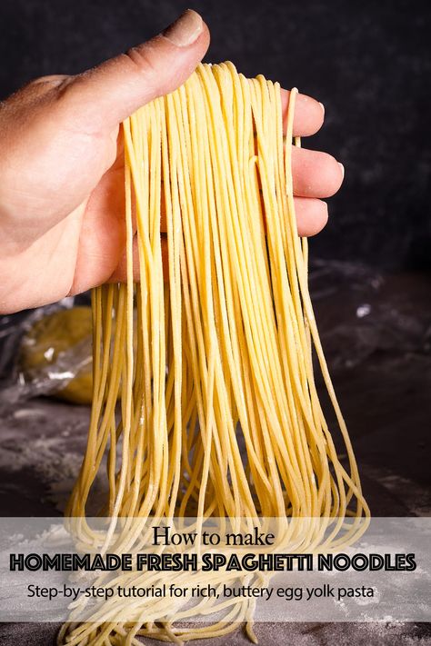 This recipe for homemade spaghetti makes noodles with a rich, buttery egg yolk flavor so good you may never purchase dried pasta again! Egg Yolk Pasta, Homemade Spaghetti Noodles, Spaghetti Pasta Recipe, Homemade Pasta Noodles, Make Homemade Pasta, Noodle Recipes Homemade, Dried Pasta, Egg Noodle Recipes, Homemade Egg Noodles