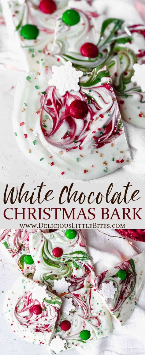 White Chocolate Christmas Bark is an easy recipe for a fun holiday treat. This recipe is made with white chocolate, red and green candy melts, candy, and festive sprinkles. It’s a great recipe to make with kids or give as gifts. | #christmas #christmascandy #candybark #whitechocolatebark #christmasbark Chocolate Christmas Bark, White Chocolate Christmas, Candy Bark Recipes, Christmas Bark Recipes, Bark Recipes, Christmas Candy Easy, Easy Christmas Candy Recipes, Christmas Bark, Fun Holiday Treats