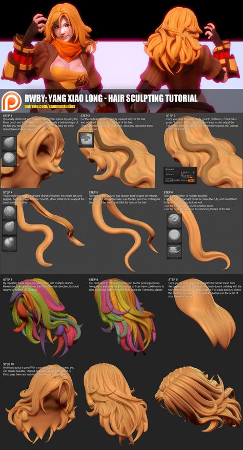 Hey everyone! I made a quick hair sculpting tutorial today for you guys to check out! :D Let me know if you guys want to see more of these in the future! Hair Sculpting, Zbrush Hair, Model Tips, 3d Karakter, Zbrush Character, Sculpting Tutorials, Zbrush Tutorial, 3d Modeling Tutorial, Digital Sculpting