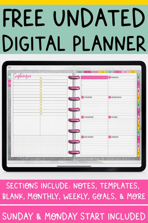 Grab this free digital undated planner to keep yourself organized this year. It's undated so you can use it at any time since it is undated. It has tons of extras including page templates, goal section, habit tracker, notes sections, blank sticker section, and so much more. It's perfect to use in the Goodnotes App, Notability, Zoom Notes, and more. Goodnotes Schedule Template Free, Blank Digital Planner, Downloadable Planner Templates, Good Notes Budget Template Free, Free Digital Templates, Gtd Planner Free Printables, Undated Planner Printables Free, Digital Planner Pages Free, Onenote Planner Templates Free 2023