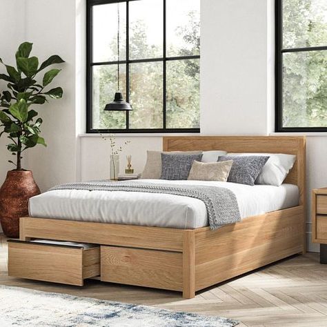 Double Beds With Storage, Double Bed With Drawers, Minimalist Headboard Ideas, Bedroom Oak Furniture, Statement Headboard, Wooden Bed With Storage, Homemade Beds, King Size Storage Bed, Double Bed With Storage