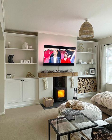 Log burner, fireplace transformation, media wall Cosy Living Room Log Burner, Log Burner Media Wall Ideas, Entertainment Wall With Log Burner, Media Wall With Log Store, Lounge With Log Burner And Tv, Media Wall Ideas With Log Burner, Media Wall With Wood Burner, Small Living Room With Log Burner, Media Wall With Log Storage