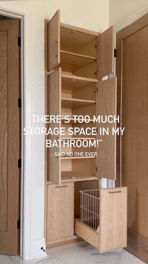 future home ♥️ • Instagram Laundry Cupboard In Bathroom, Cupboards In Bathroom, Bathroom Cabinet With Hamper, Primary Bathroom Storage, Linen Closet In Bathroom Ideas, Master Bath Storage Ideas, Bathroom With Linen Closet, Bathroom Storage Cupboards, Linen Closet In Bathroom