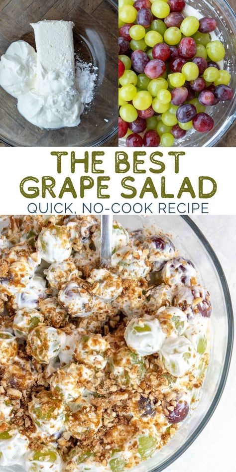 Learn how to make the best Grape Salad! This no cook dish is ready in less than 10 minutes and perfect for potlucks! You will love this refreshing fruit salad on a hot summer day at a fun picnic or family cookout. It's the perfect side dish with burgers, hot dogs, or grilled chicken! Side Dish With Burgers, Healthy Cookout, Cookout Dishes, Family Cookout, Picnic Side Dishes, Cookout Sides, Potluck Side Dishes, Cookout Side Dishes, Bbq Side Dishes