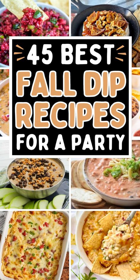 The best fall dip recipes for parties and potlucks, including warm dip and cold dip recipes that you can make ahead for a party, movie night, Halloween, or Thanksgiving. October Appetizers, Dip Appetizers For Party, Fall Birthday Party Food, Party Snacks For A Crowd, Fall Dips, Bonfire Snacks, Fall Party Appetizers, Appetizers Fall, Fall Party Snacks