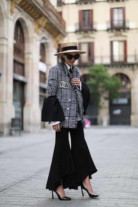 Pumps: Roger Vivier “Belle Vivier Trompette” Bell sleeve Top: Roksanda. tweed Jacket: Storets Pants: Zara Hat: Gucci Brooch: Chanel #StreetStyle See More At www.HerFashinedLife.com Spring In Spain, Barcelona Spring, Zara Hats, Chanel Tweed Jacket, Blair Eadie, Atlantic Pacific, Chanel Inspired, Boater Hat, Winter Mode