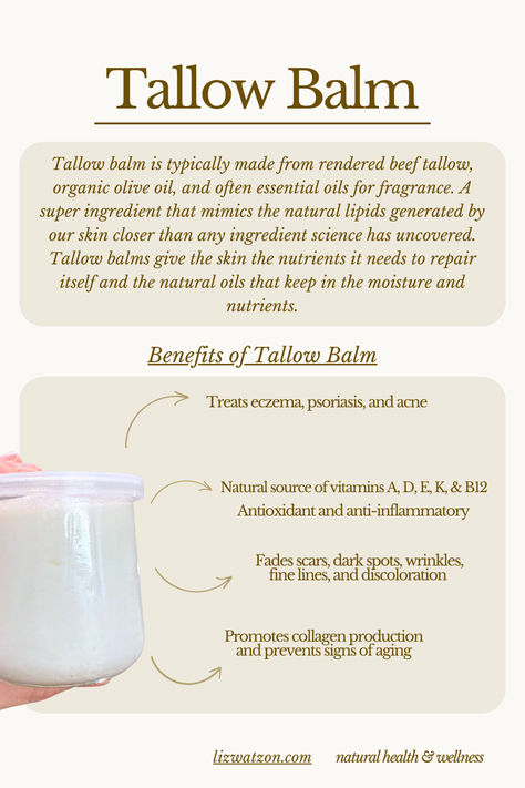 Unlock the Power of Tallow Balm! 🌿From deep hydration to soothing skin irritation #TallowBalm #NaturalSkincare #HealthySkin"  What is Tallow Balm? This image shows what tallow balm is made of and used for, along with the benefits of Tallow Balm.  I have linked a very good Tallow Balm product available for purchase, I use one that is locally home-made and this is an amazing alternative. Benefits Of Tallow, Homemade Tallow Balm, Tallow Benefits Skin Care, Beef Tallow Benefits For Skin, Lanolin Benefits, Beef Tallow Benefits, Beef Tallow For Skin, Tallow Balm Recipe, Tallow Uses