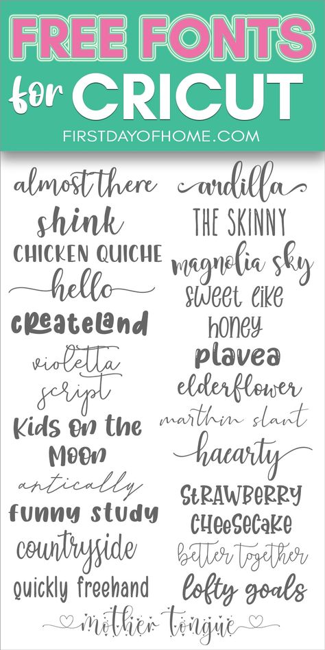 Get free fonts to use for Cricut projects, including cute handwritten script fonts and bold serif and sans serif fonts. These are great for t-shirts, mugs and tote bags. All are free for personal use, and some come with options for commercial use. #freefonts #cricut #firstdayofhome Cricut Font Combinations, Best Cricut Fonts, Tshirt Making, Fonts Inspiration, Letters Tattoo, Font For Cricut, Free Fonts For Cricut, Alfabet Font, Fonts For Cricut