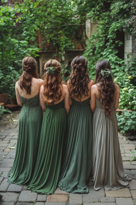 Discover the beauty of mismatched styles with these 40+ mixed green bridesmaid dresses. Perfect for any wedding aesthetic, from modern to bohemian. Your bridesmaids will love these options! #mixedbridesmaids #weddingfashion #bridalpartyinspo Moss Colored Bridesmaid Dresses, Olive Green Wedding Theme Color Schemes Bridesmaid Dresses, Woodland Fairy Bridesmaid Dresses, Forest Wedding Aesthetic Bridesmaids, Green Country Wedding Theme, Assorted Green Bridesmaid Dresses, Fall Wedding Bridesmaids Dresses, Spring Wedding Ideas Colors Bridesmaid Dresses, Woodland Bridesmaid Dresses