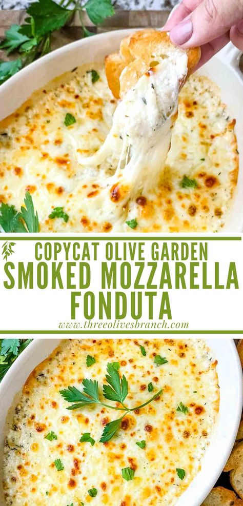 This Copycat Olive Garden Smoked Mozzarella Fonduta is just like the popular restaurant! A fast and easy cheese dip appetizer recipe with Italian flavors. Three cheese dip with crostini bread great for a party or game day. Smoked Mozzarella Dip, Italian Dips For Bread, Cheesy Bread Dipping Sauce, Olive Garden Appetizer Recipes, Peta Bread Dips, Smoked Mozzarella Fonduta, Cream Cheese Mozzarella Dip, Dips With Mozzarella Cheese, Bread And Cheese Dip