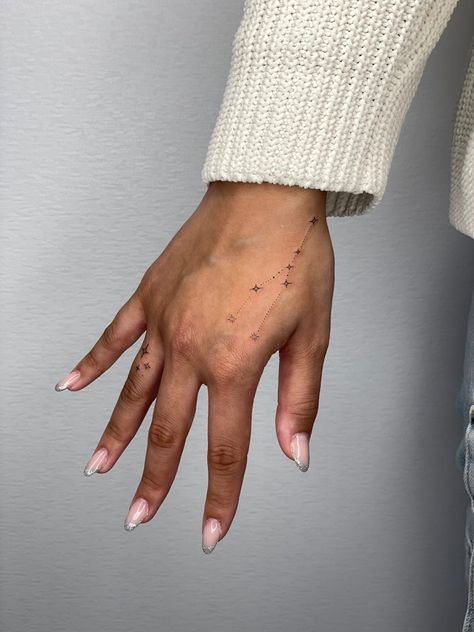 Taurus Constellation Tattoo Hand Tattoos For Women Constellation, Capricorn Constellation Hand Tattoo, Virgo Star Constellation Tattoo Hand, Fine Line Taurus Constellation Tattoo, Constellation Wrist Tattoo, Virgo Constellation Tattoo Hand, May Constellation Tattoo, Taurus Tattoo Star Constellation, Gemini Constellation Tattoo Hand