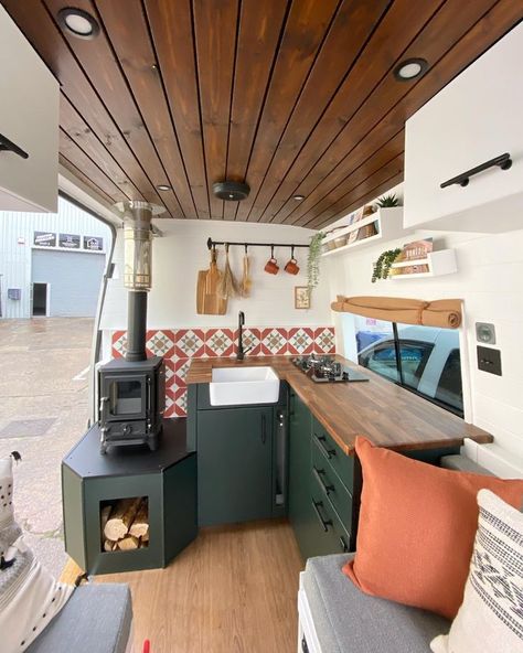 Hobbit small wood burning stove installed in a campervan Diy Van Interior, Rv Wood Stove, Hobbit Stove, Small Wood Burning Stove, Small Wood Stove, Stove Installation, Wood Burners, Small Camper, Camper Interior Design